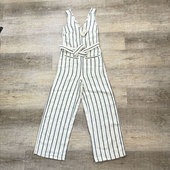 Faherty Catalina Linen Stripe Sleeveless Waist Tie Wide Leg Jumpsuit Romper Xxs - Picture 1 of 11